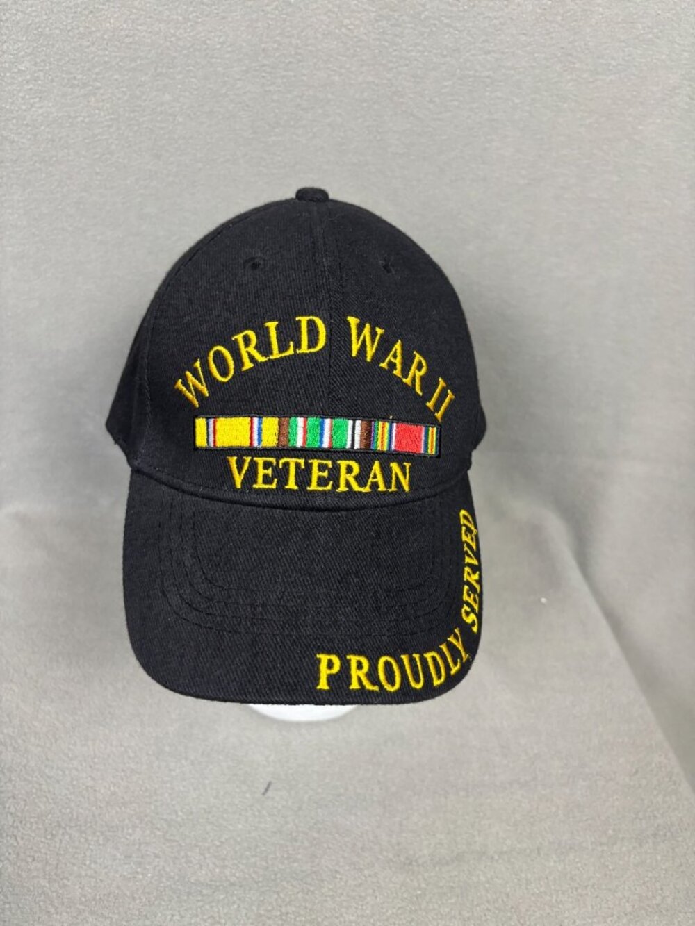 World War II Veteran Proudly Served Black Cap Service Ribbon Embroidery OS NWT's